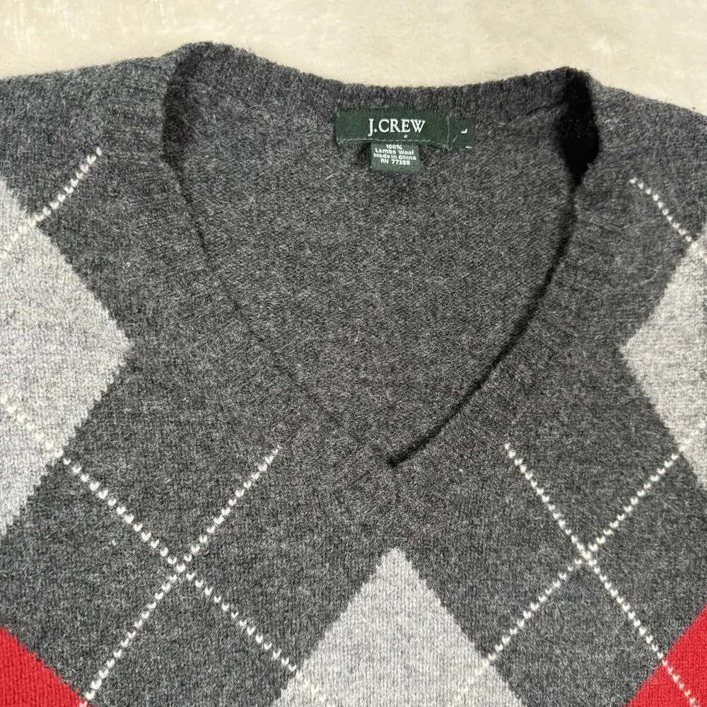 VTG J Crew Argyle Pattern V Neck Lambswool Knit Sweater Men's Size Large Y2K
